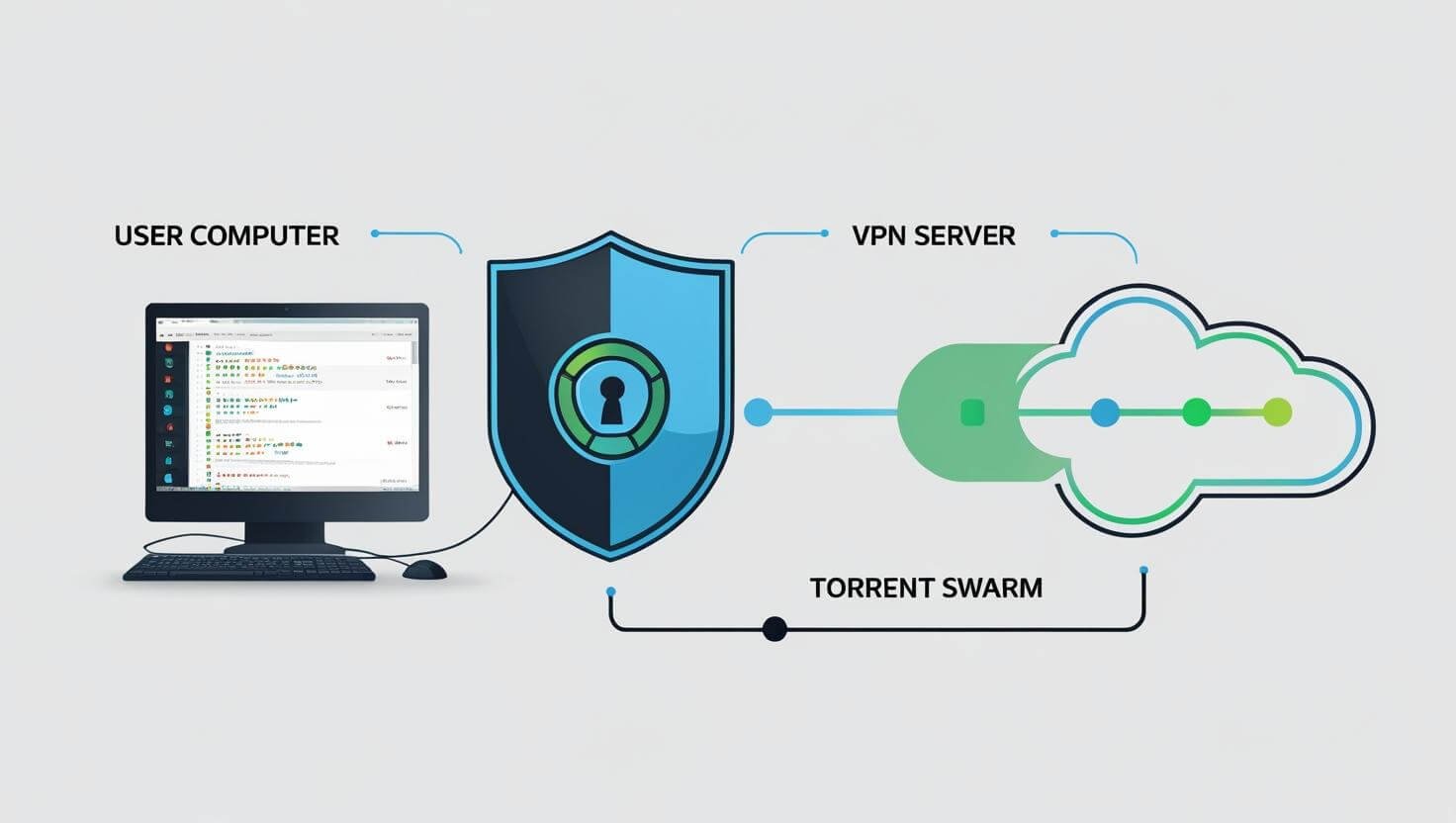 Illustration of a computer screen showing a torrent download in progress, with a glowing VPN shield protecting the connection, emphasizing secure and anonymous file sharing.