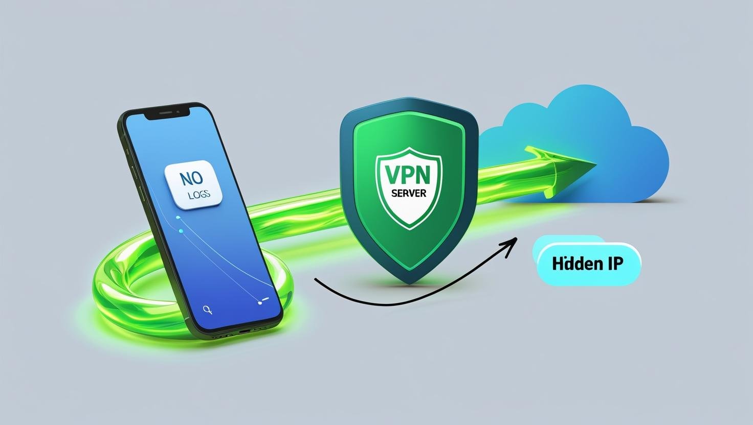 Illustration of a digital footprint being protected by a glowing VPN shield, with abstract data streams flowing securely, symbolizing enhanced online privacy and anonymity.