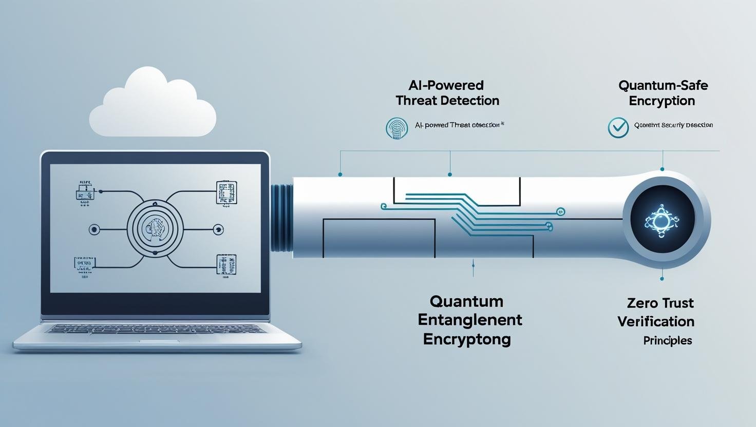 Illustration showing a glowing VPN tunnel with AI neural network patterns and quantum computing symbols, representing the integration of advanced technologies in future VPNs.