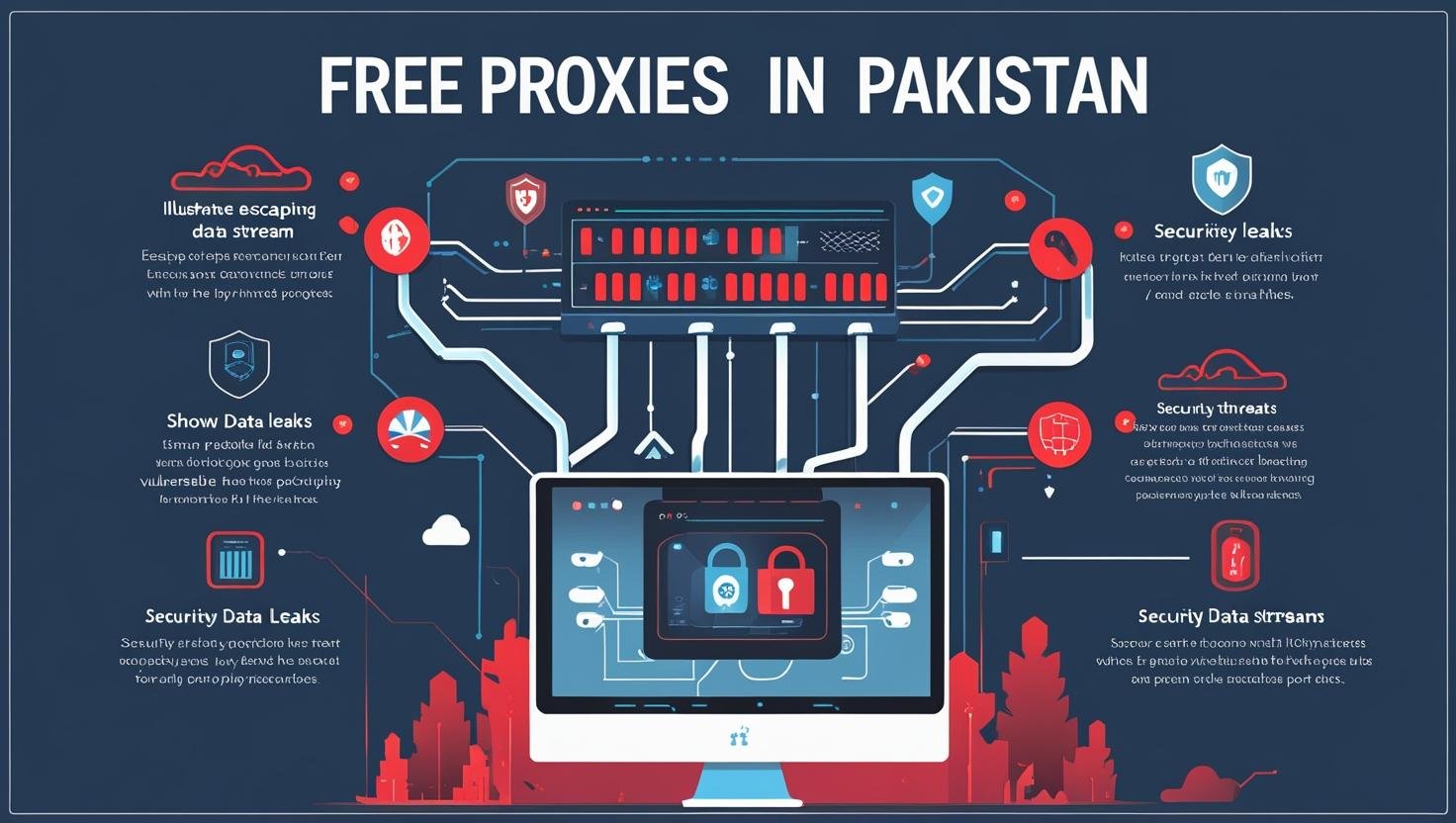 A visual representation of the risks of using a free proxy in Pakistan, showing potential data leaks and security threats when trying to unblock websites.