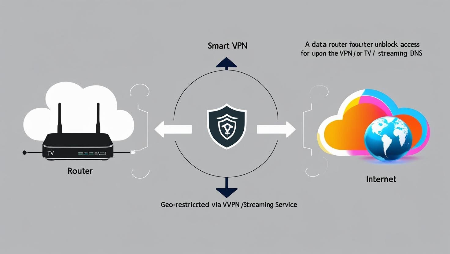 Illustration of a Smart TV displaying global streaming content, with a glowing VPN shield protecting the connection, and various streaming device icons around it, symbolizing unblocked entertainment.