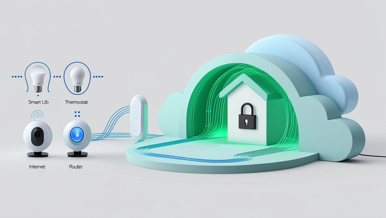 Illustration of a secure smart home network, with a Wi-Fi router emitting a VPN shield protecting various smart devices like cameras, smart speakers, and lights.