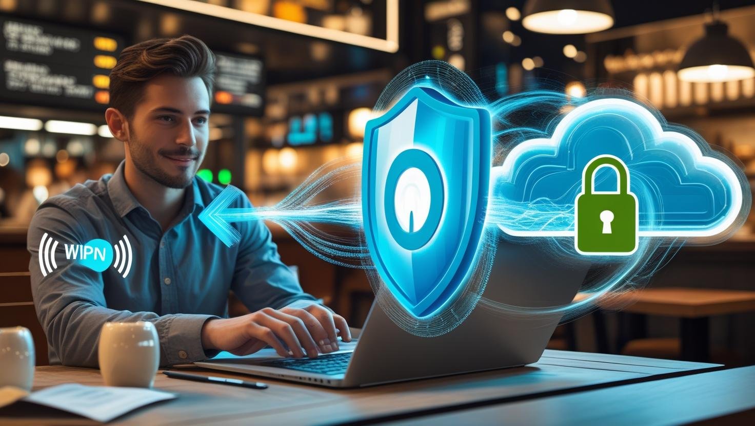 Illustration of a traveler using a laptop in an airport or cafe, with a glowing VPN shield protecting their connection, and a world map in the background symbolizing global access and security.