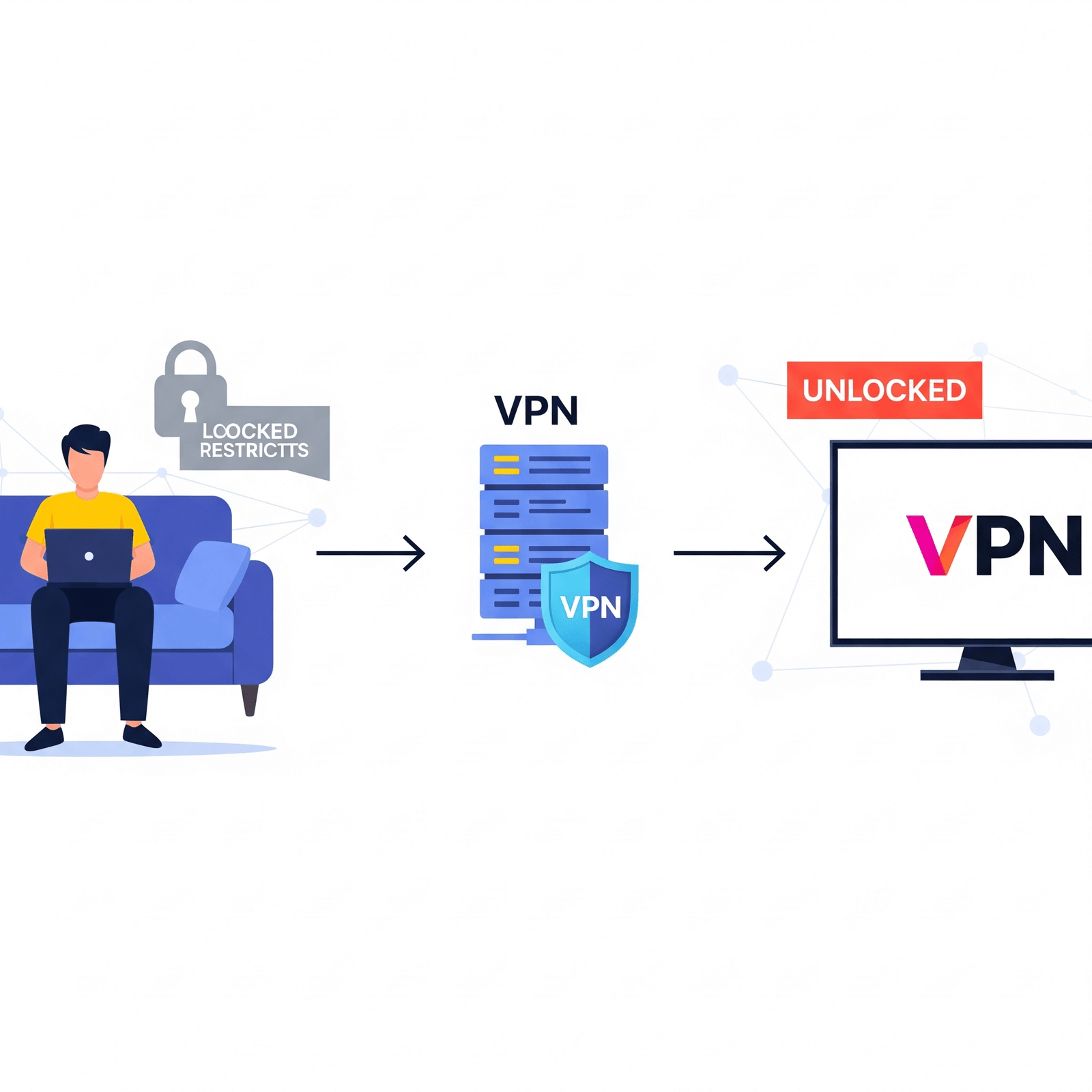 Illustration of a person happily streaming movies and TV shows on a laptop, with a glowing VPN shield protecting their connection and various global streaming platform logos floating around, symbolizing unblocked content.