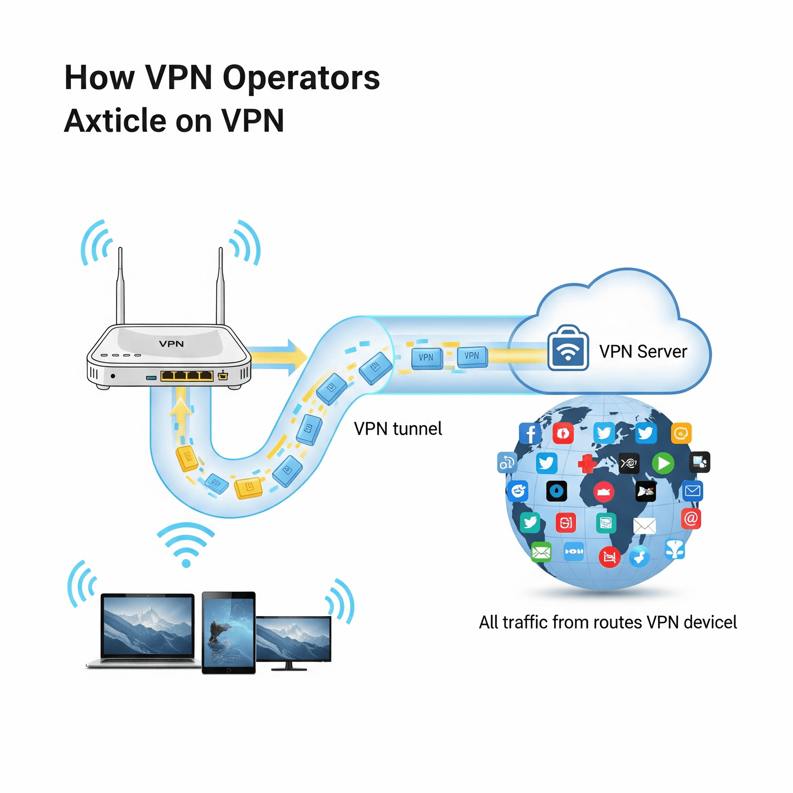 Illustration of a home router with a glowing VPN tunnel protecting all connected devices like laptops, smartphones, and smart TVs, symbolizing comprehensive network security.