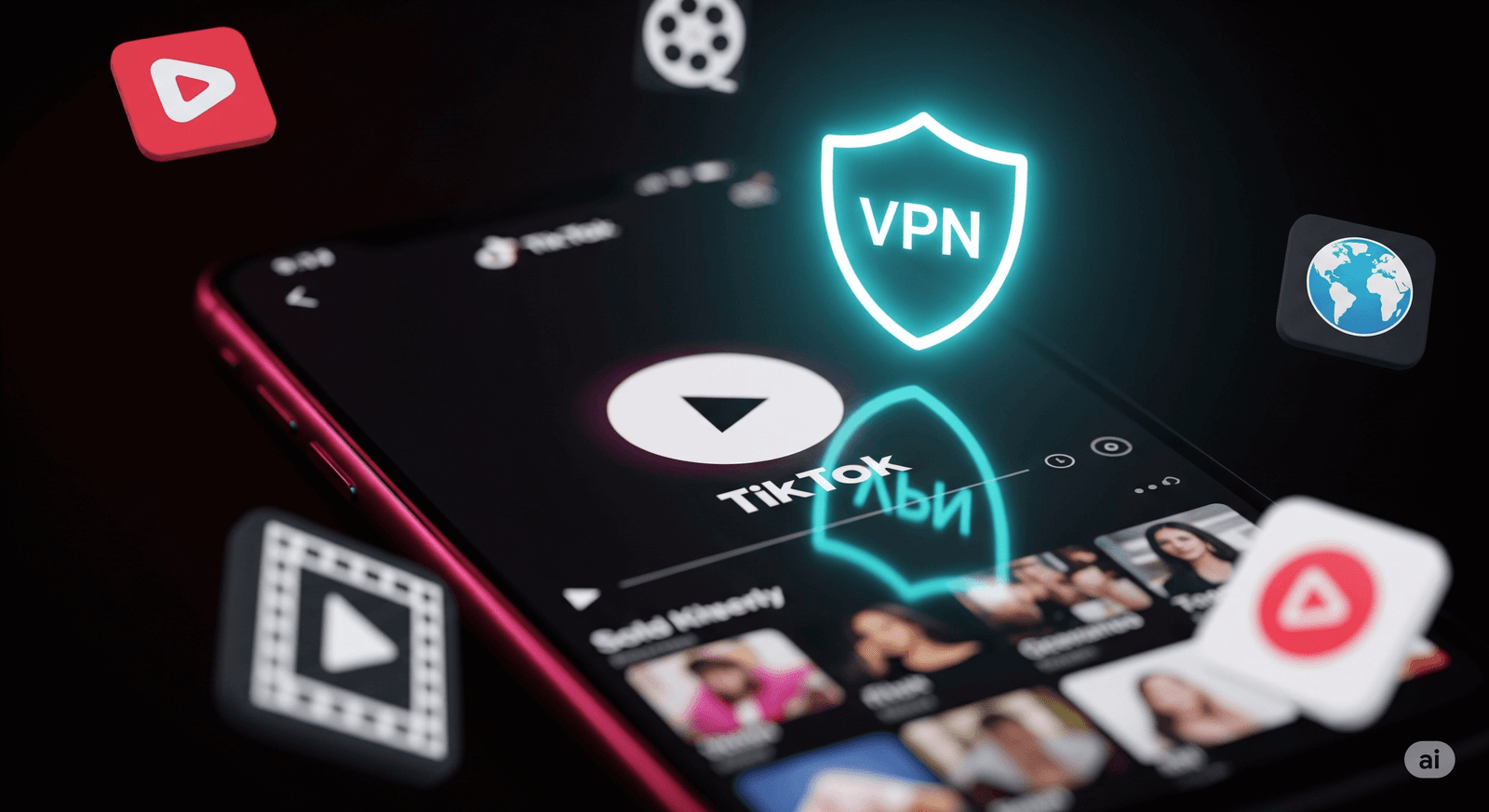 Conceptual image of a smartphone with TikTok logo and streaming icons, with a VPN shield indicating unblocked access.