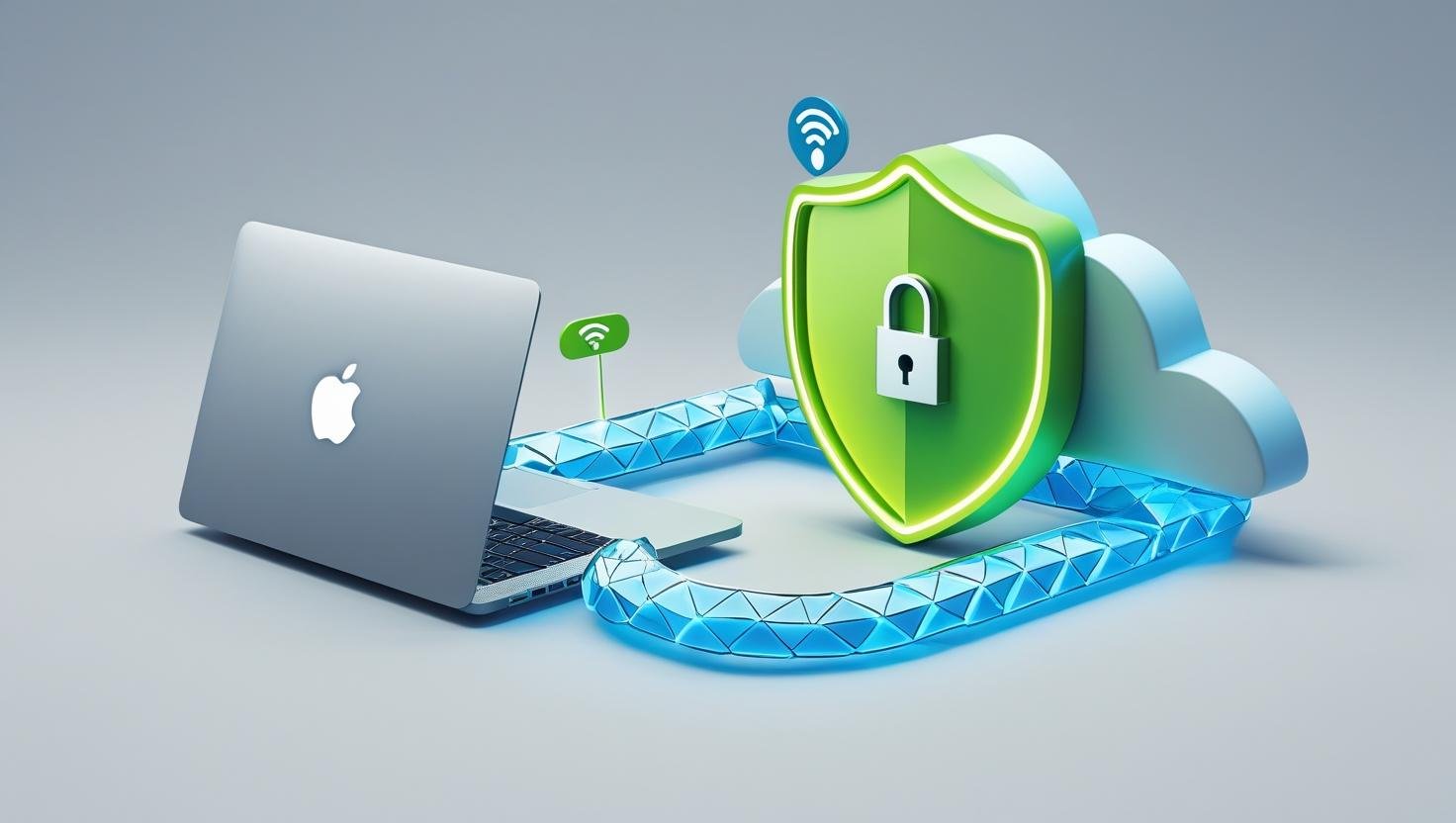 Illustration of a MacBook laptop with a glowing VPN shield protecting its network connection, symbolizing enhanced security and privacy for macOS users.