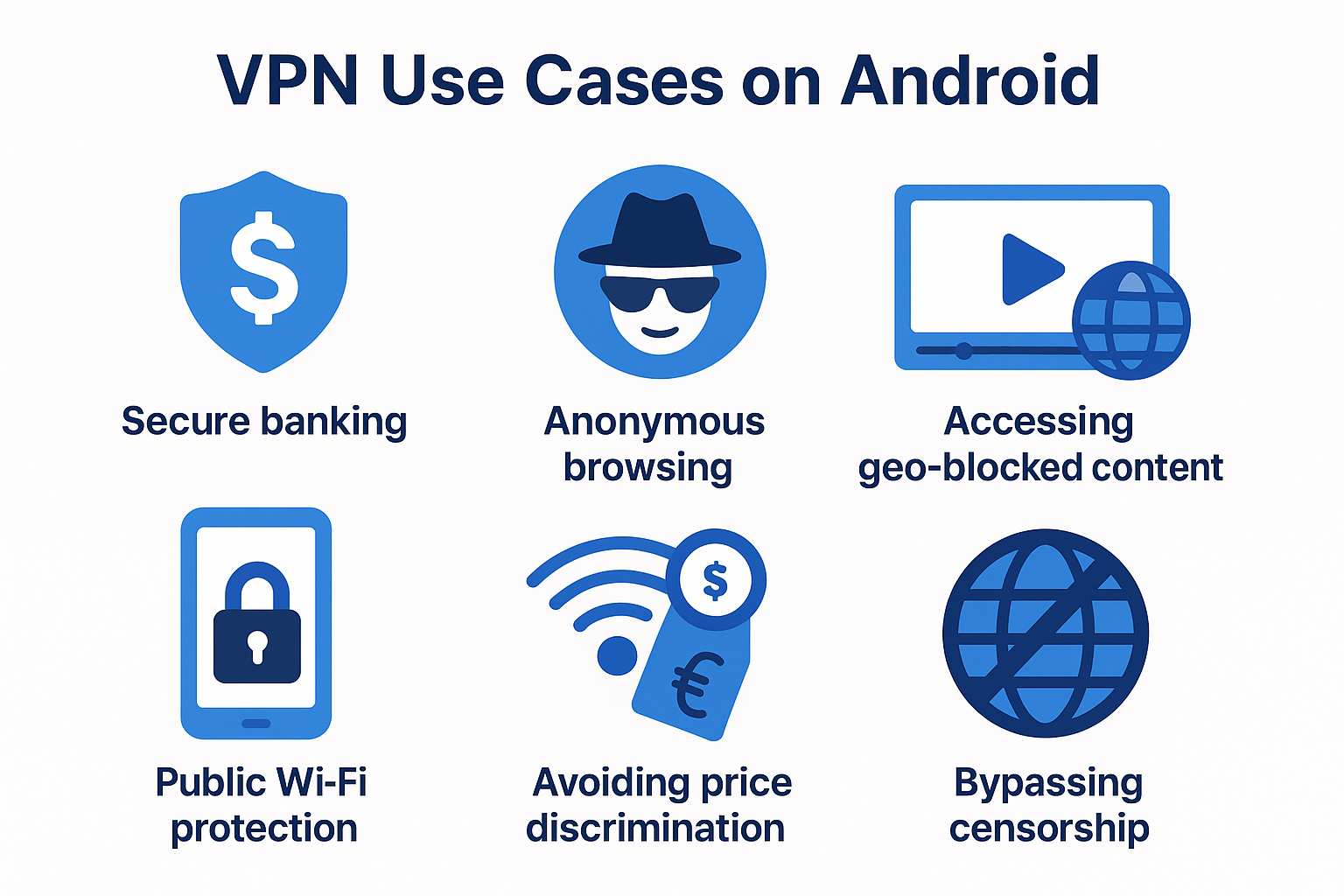 Illustration of an Android smartphone with a glowing VPN shield protecting its network connection, symbolizing mobile security and privacy.