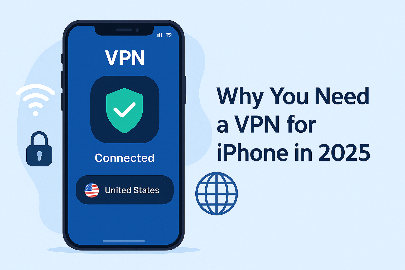Illustration of an iPhone displaying a VPN connection, with a glowing shield icon symbolizing enhanced security and privacy for mobile users.
