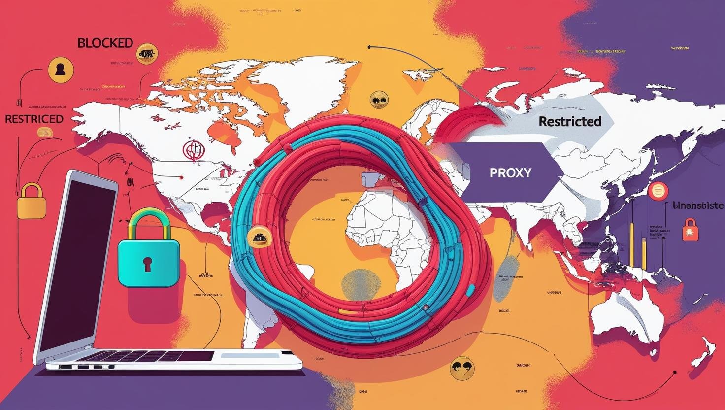A visual guide on how to unblock websites using VPN and proxy, showing internet access bypassing digital restrictions.