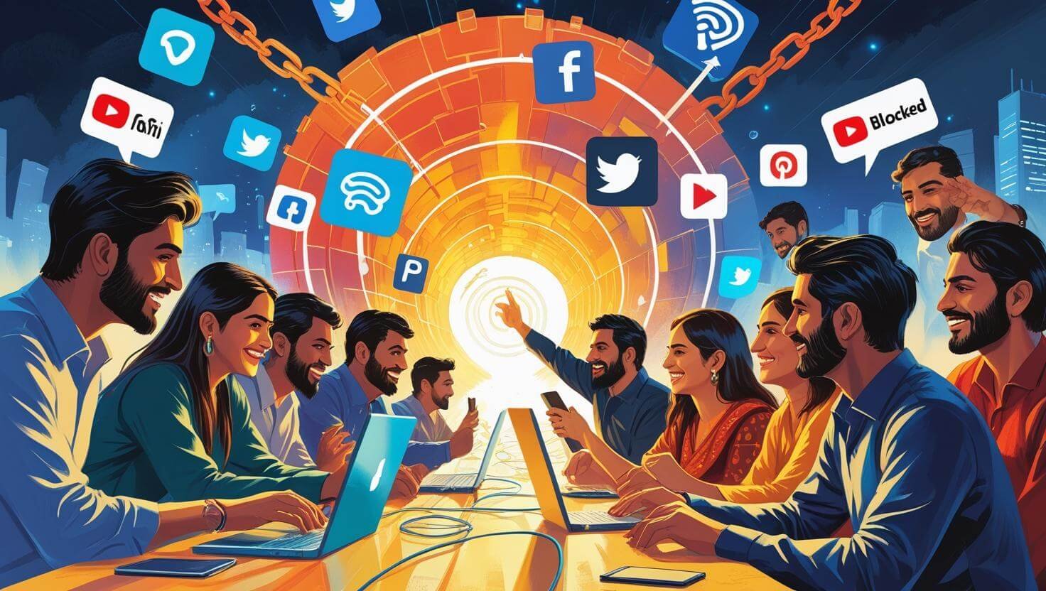 Illustration of a user in Pakistan breaking through digital barriers with the best VPN for Pakistan, symbolizing secure and unrestricted internet access