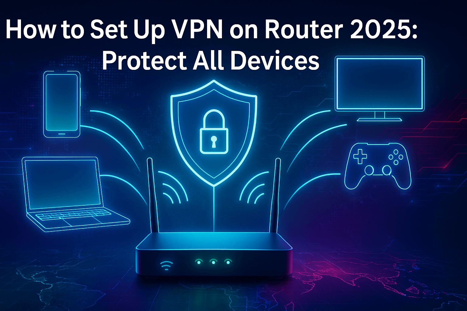 Modern Wi-Fi router with glowing VPN shield protecting multiple connected devices like laptop, smartphone, smart TV, and gaming console, symbolizing whole-home network security