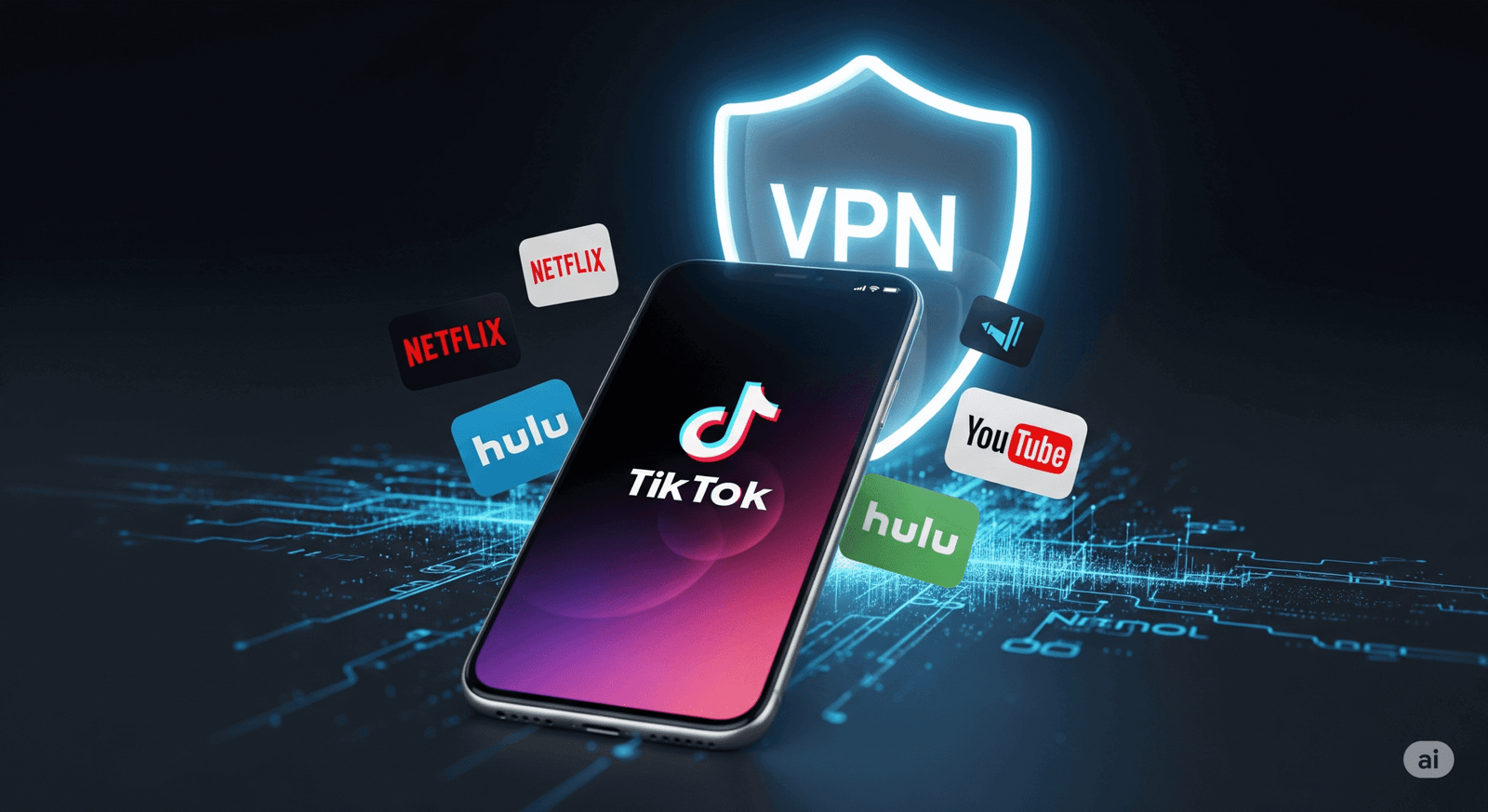 Smartphone with TikTok and streaming app icons, protected by a glowing VPN shield, symbolizing unblocked access and global streaming