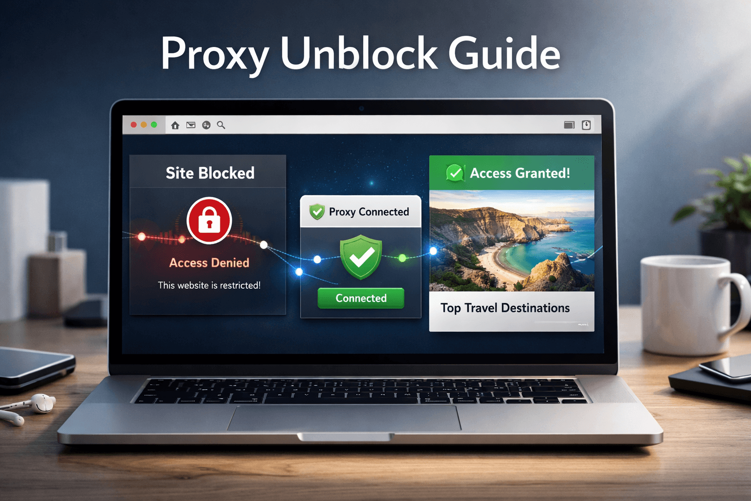 Proxy unblock guide featured image showing a laptop with a proxy browser interface opening a restricted website safely