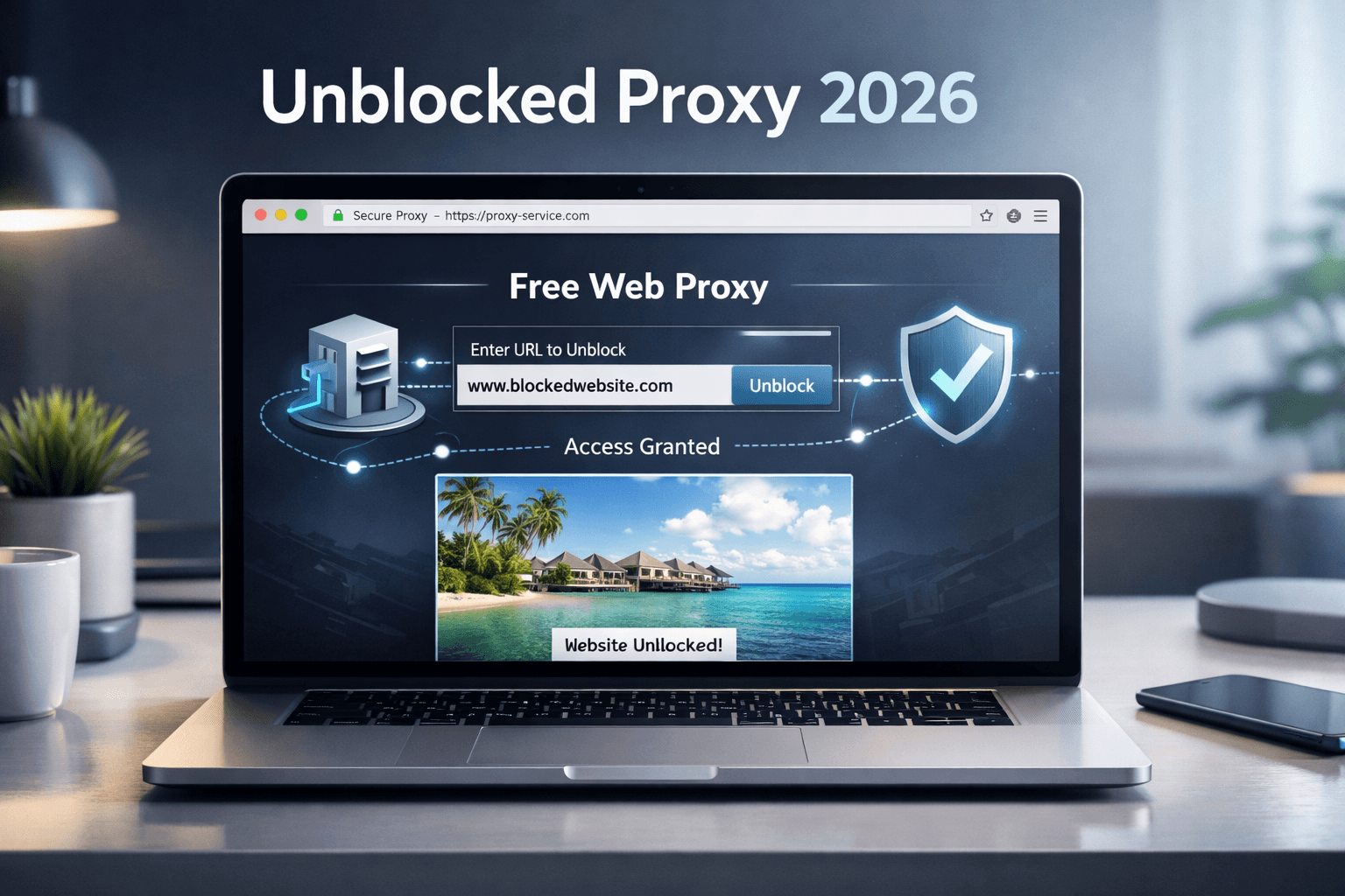 Unblocked proxy featured image showing a laptop with a free web proxy page opening a blocked website in 2026
