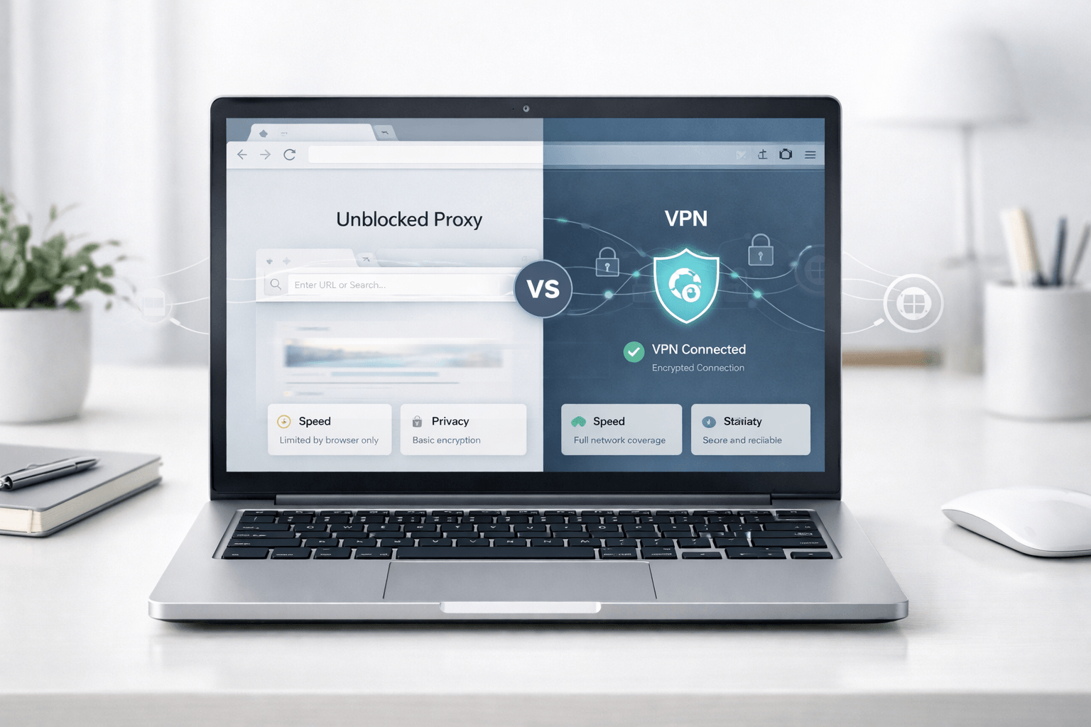 Unblocked proxy vs VPN for restricted networks comparison on a modern laptop with browser proxy and secure VPN dashboard in a premium workspace