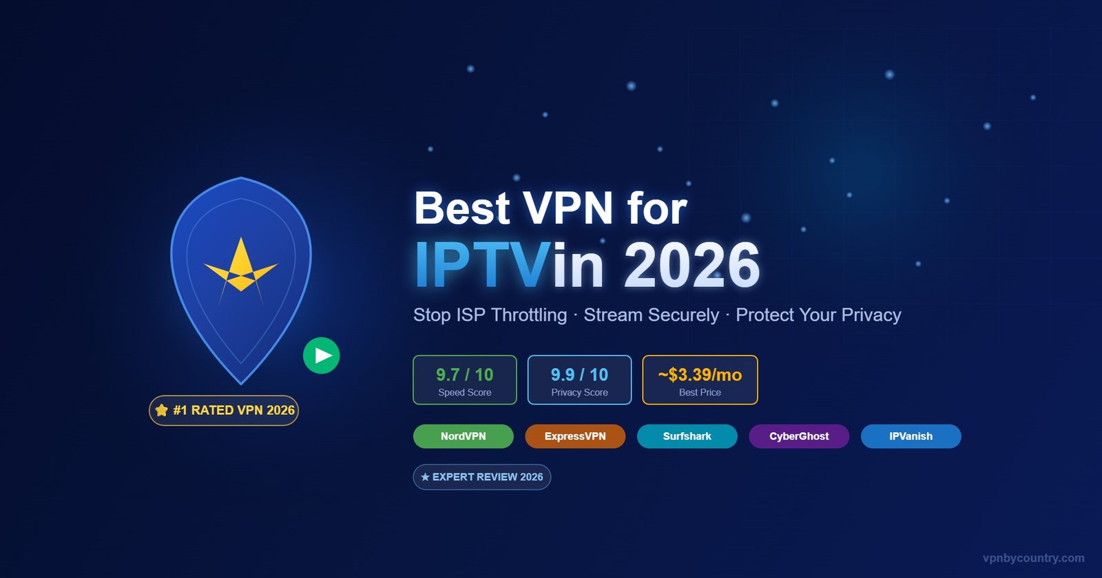 Best VPN for IPTV in 2026 - premium featured image with shield icon and stats