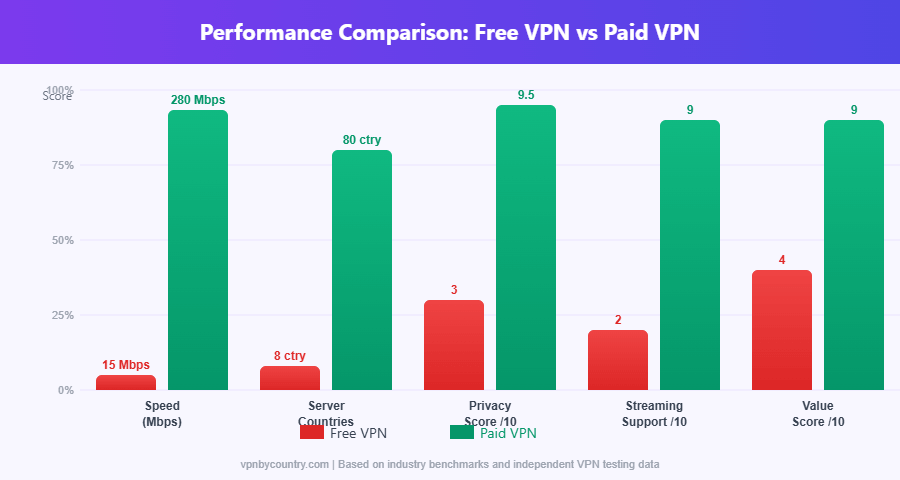 Free VPN vs Paid VPN performance comparison chart showing speed, server countries, privacy and streaming scores