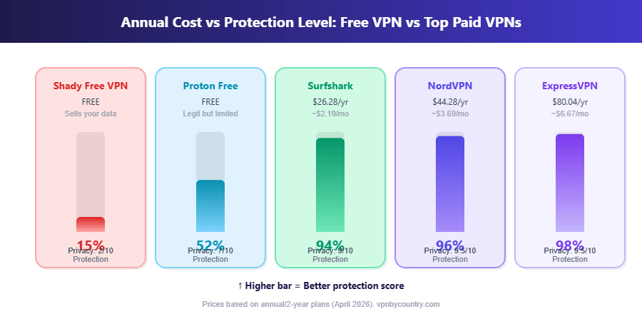 Annual cost vs protection level comparison of free and paid VPN services including Surfshark, NordVPN and ExpressVPN