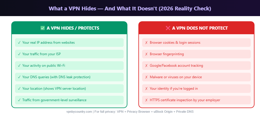 Infographic showing what a VPN hides versus what it does not protect against including cookies and browser fingerprinting